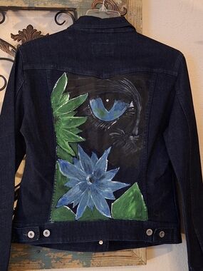 Levi's Hand Painted Denim Jacket With Cat Face Blue/Green Floral Mural. Size Med